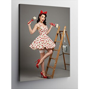 Kanvas Tablo Retro Tarzda Merdivenle Kadın 100x140 cm