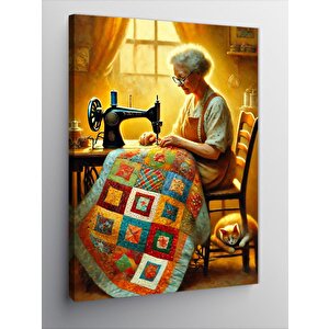 Kanvas Tablo Dikiş Makinesi Başındaki Kadın 50x70 cm
