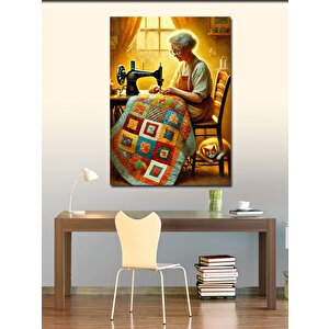 Kanvas Tablo Dikiş Makinesi Başındaki Kadın 100x140 cm