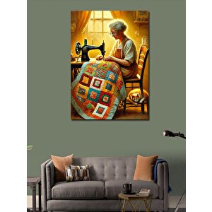 Kanvas Tablo Dikiş Makinesi Başındaki Kadın 100x140 cm