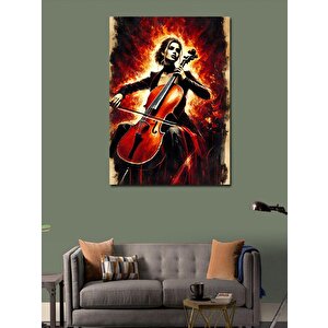 Kanvas Tablo Alevler İçinde Çello Çalan Kadın 100x140 cm