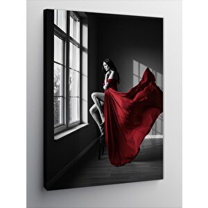 Kanvas Tablo Kırmızı Elbiseli Kadın Ve Gizem 100x140 cm