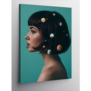 Kanvas Tablo Gezegen Saçlı Kadın Ve Kozmos 100x140 cm