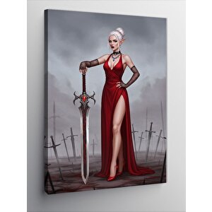 Kanvas Tablo Kırmızı Elbiseli Kadın Ve Kılıç 100x140 cm