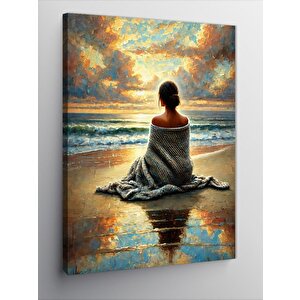 Kanvas Tablo Deniz Kenarında Oturan Kadın 100x140 cm