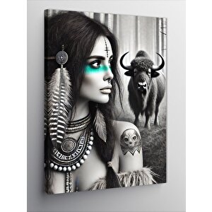 Kanvas Tablo Kızılderili Kadın Ve Bizon 100x140 cm
