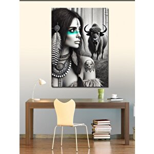 Kanvas Tablo Kızılderili Kadın Ve Bizon 50x70 cm