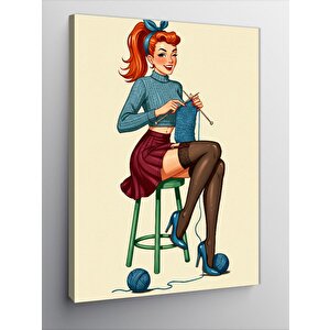 Kanvas Tablo Retro Kadın Ve Örgü Keyfi 50x70 cm