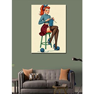Kanvas Tablo Retro Kadın Ve Örgü Keyfi 100x140 cm