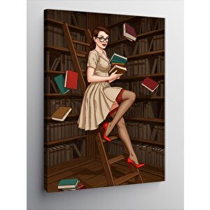 Kanvas Tablo Kitaplarla Retro Kadın 100x140 cm