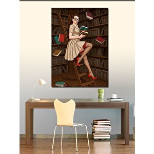 Kanvas Tablo Kitaplarla Retro Kadın 100x140 cm