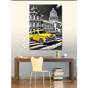 Kanvas Tablo Küba Sarı Taksi Ve Capitol Binası 100x140 cm