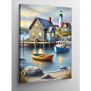 Kanvas Tablo Deniz Kenarında Fener Ve Renkli Ev 100x140 cm