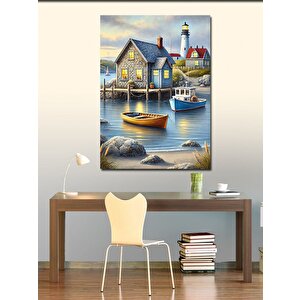 Kanvas Tablo Deniz Kenarında Fener Ve Renkli Ev 100x140 cm