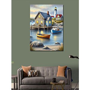 Kanvas Tablo Deniz Kenarında Fener Ve Renkli Ev 100x140 cm