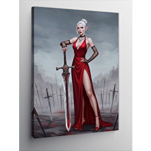 Kanvas Tablo Kırmızı Elbiseli Kadın Ve Kılıç 70x100 cm