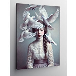 Kanvas Tablo Güvercinlerle Beyaz Kadın 70x100 cm