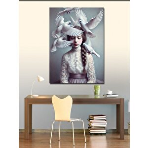 Kanvas Tablo Güvercinlerle Beyaz Kadın 70x100 cm