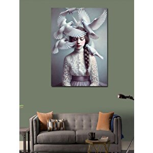 Kanvas Tablo Güvercinlerle Beyaz Kadın 100x140 cm