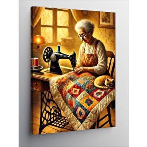 Kanvas Tablo Yaşlı Kadın Ve Dikiş Makinesi 100x140 cm