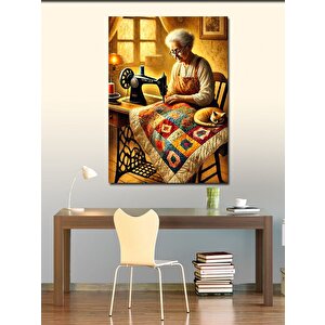 Kanvas Tablo Yaşlı Kadın Ve Dikiş Makinesi 100x140 cm