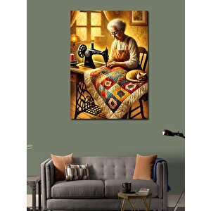 Kanvas Tablo Yaşlı Kadın Ve Dikiş Makinesi 100x140 cm