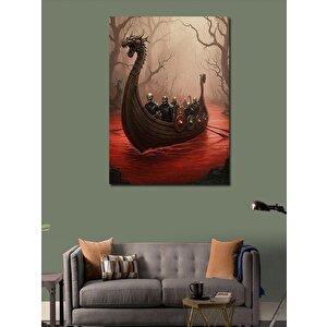 Kanvas Tablo Kızıl Nehirde Viking Gemisi 100x140 cm