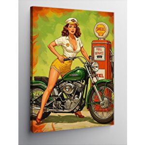 Kanvas Tablo Retro Motosiklet Kadın 100x140 cm