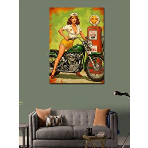 Kanvas Tablo Retro Motosiklet Kadın 100x140 cm