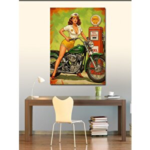 Kanvas Tablo Retro Motosiklet Kadın 50x70 cm