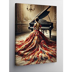Kanvas Tablo Kırmızı Elbise Ve Piyano Çizimi 70x100 cm
