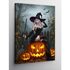 Kanvas Tablo Cadı Ve Balkabağıyla Sonbahar 100x140 cm