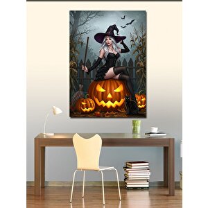Kanvas Tablo Cadı Ve Balkabağıyla Sonbahar 100x140 cm