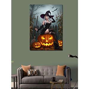 Kanvas Tablo Cadı Ve Balkabağıyla Sonbahar 100x140 cm