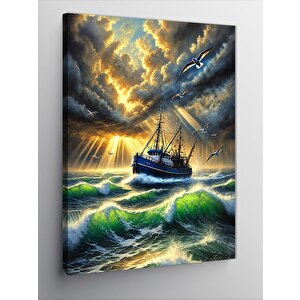 Kanvas Tablo Dalgalı Deniz Ve Gemi 100x140 cm