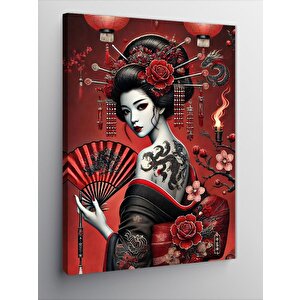 Kanvas Tablo Kırmızı Yelpazeli Geisha 100x140 cm