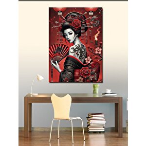 Kanvas Tablo Kırmızı Yelpazeli Geisha 100x140 cm