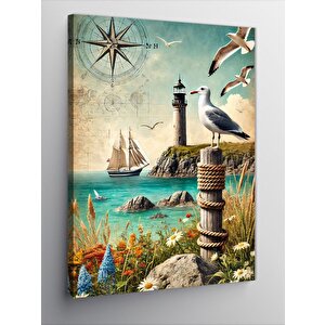Kanvas Tablo Fener, Yelkenli Ve Deniz Manzarası 70x100 cm