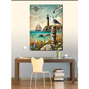Kanvas Tablo Fener, Yelkenli Ve Deniz Manzarası 70x100 cm