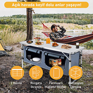 Haegs Saklama Dolaplı Kamp Masası, Outdoor Kamp Mutfağı, Kamp Dolabı, Katlanabilir Kamp Piknik Masası, Seyahat Mutfağı, Mutfak Dolabı, Depolama Bölmeli, Dış Mekan Mutfağı 80-50cm- Mermer Desenli