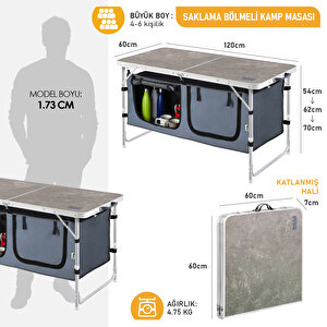 Haegs Saklama Dolaplı Kamp Masası, Outdoor Kamp Mutfağı, Kamp Dolabı, Katlanabilir Kamp Piknik Masası, Seyahat Mutfağı, Mutfak Dolabı, Depolama Bölmeli, Dış Mekan Mutfağı 120-60cm- Mermer Desenli