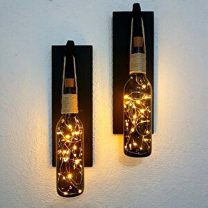 Retro Yeşil Şişeli Led Işıklı, Mat Siyah Aplik, 2 Li Set