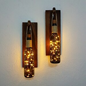 Retro Yeşil Şişeli Led Işıklı, Ceviz Aplik, 2 Li Set