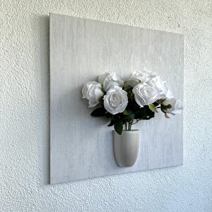 Kabartma Dokulu, Beyaz Gül Çiçekli 3d Tablo