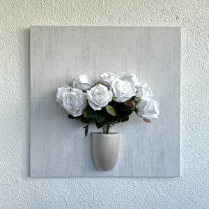 Kabartma Dokulu, Beyaz Gül Çiçekli 3d Tablo