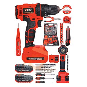 Böhr 58v 5ah Darbeli Metal Şanzıman 32 Parça Full Set Red Çift Akülü Şarjlı Vidalama Matkap