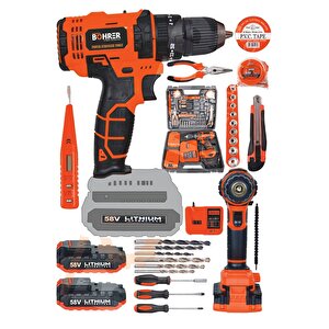 58v 5ah Darbeli Metal Şanzıman 32 Parça Full Set Dark Orange Çift Akülü Şarjlı Vidalama Matkap