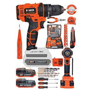 58v 5ah Darbeli Metal Şanzıman 32 Parça Full Set Dark Orange Çift Akülü Şarjlı Vidalama Matkap