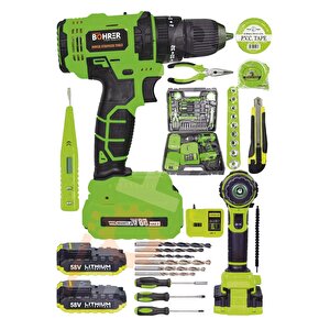 Böhr 58v 5ah Darbeli Metal Şanzıman 32 Parça Full Set Green Çift Akülü Şarjlı Vidalama Matkap