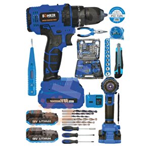 Böhr 58v 5ah Darbeli Metal Şanzıman 32 Parça Full Set Blue Çift Akülü Şarjlı Vidalama Matkap